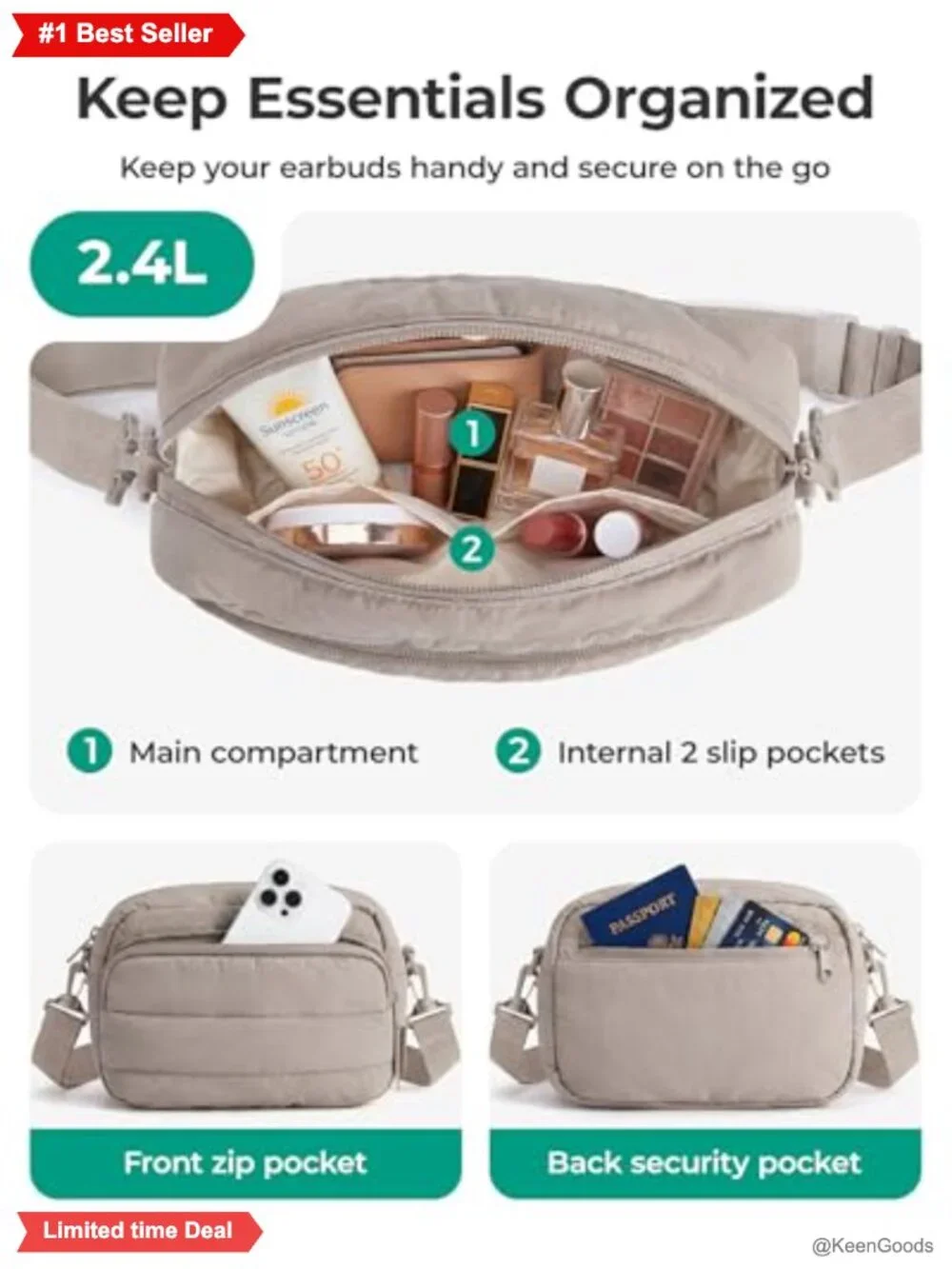 Water-Resistant Nylon Crossbody Bag 2-Piece Set Detachable Earbud Pouch